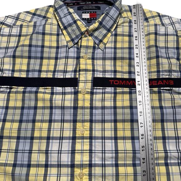 Vintage Y2K Tommy Jeans Hilfiger Button Shirt Plaid Yellow Blue Button Up XL - Picture 4 of 5